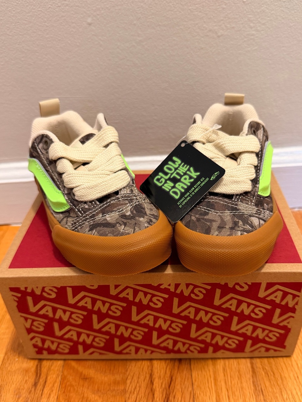 Vans Kids Knu Skool Camo Sneakers with Cream Laces and Neon Green Accents